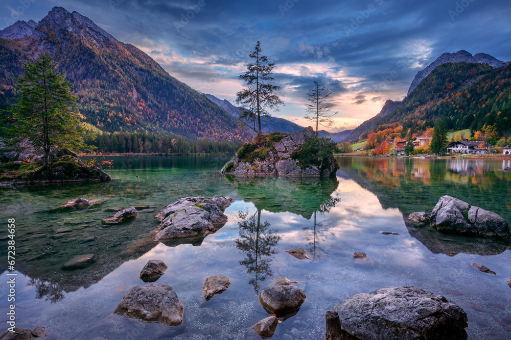 Hintersee Lake, Bavarian Alps, Germany. Landscape image of Hintersee Lake located in southern Bavaria, Germany at beautiful autumn sunset.