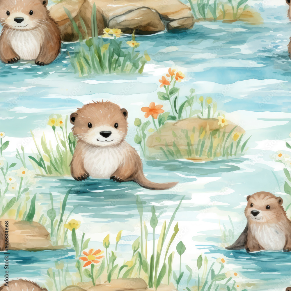 A watercolor seamless pattern of baby otters swimming in rivers A watercolor seamless pattern of baby otters swimming in rivers