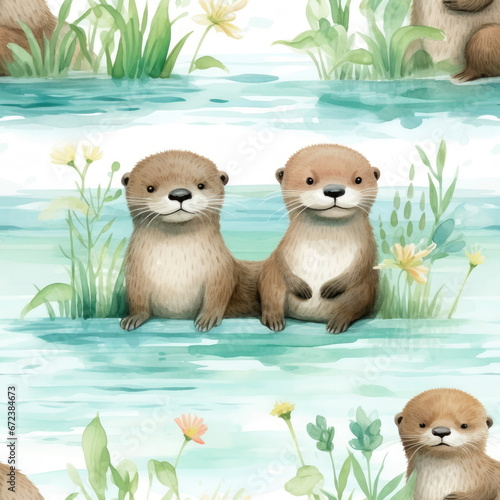 A watercolor seamless pattern of baby otters swimming in rivers