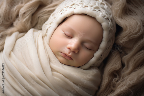 Little newborn baby sleeps in a creamy blanket