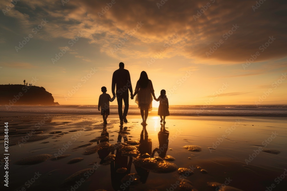 Silhoutte of happy family walking together on the beach
