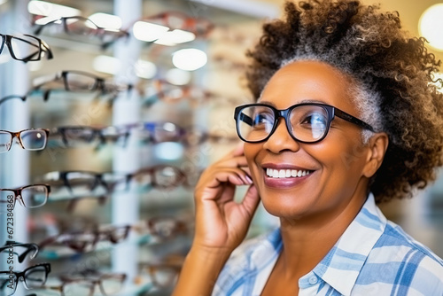 A happy elderly woman chooses glasses in a store.