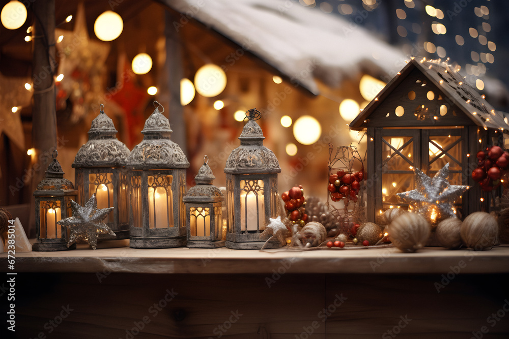 winter decorative houses, Christmas houses, festive winter decorations, winter snowy, blurred background, New Year concept, holiday mood, present gift box, blurred lights, bright gold bokeh, defocused