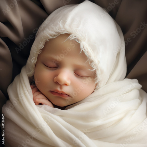 Little newborn baby sleeps in a creamy blanket