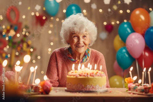 Happy smiling 80 years old woman wears pink cardigan celebrates birthday with cake and candles photo