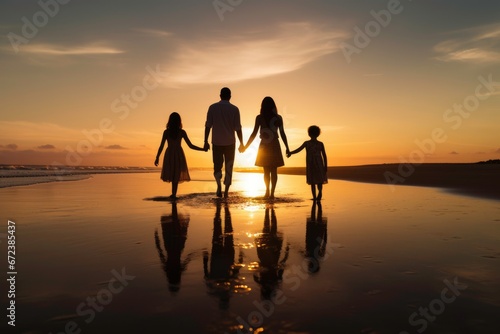 Silhoutte of happy family walking together on the beach 
