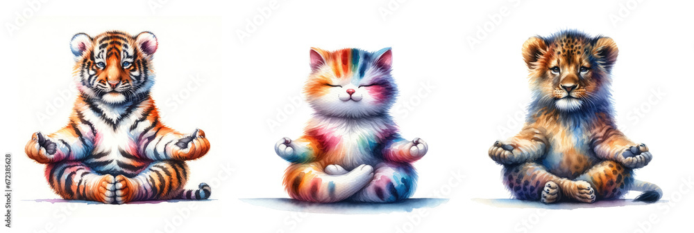Watercolor illustration of tiger, cat, lion sitting and meditating in yoga lotus position. Cute and funny illustration set - obrazy, fototapety, plakaty 