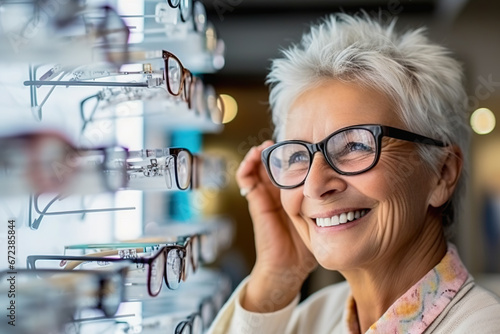 Portrait of a happy elderly woman picking up glasses in a store.