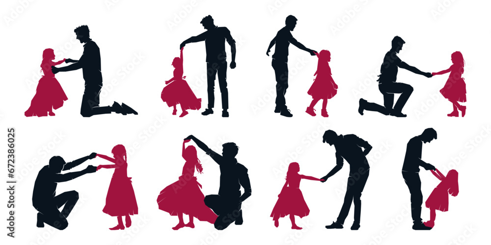 Father dancing with daughter silhouette collection. Happy family, dad and cute little girl. Vector clip art illustration - obrazy, fototapety, plakaty 