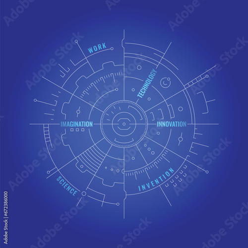 technological background concept. futuristic background design. innovation, technology, imagination, science, invention themed technological interface. navy blue background technical drawing digital i