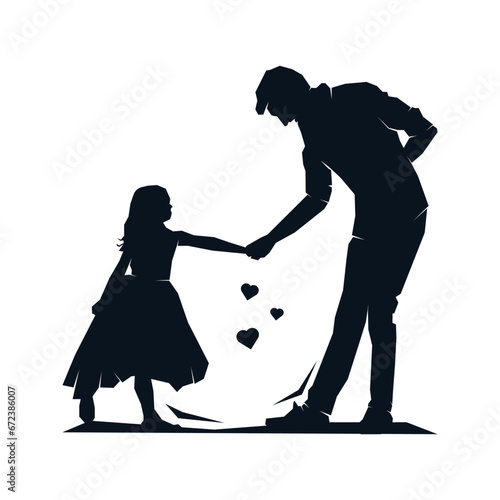 Father with daughter dancing together silhouette. Happy family, dad and cute little girl holding hands. Vector clip art illustration