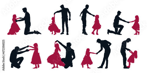 Father dancing with daughter silhouette collection. Happy family, dad and cute little girl. Vector clip art illustration photo