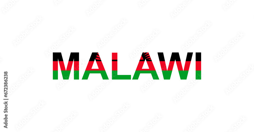 Letters Malawi in the style of the country flag. Malawi word in national flag style.