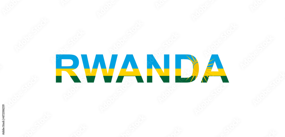 Letters Rwanda in the style of the country flag. Rwanda word in national flag style.