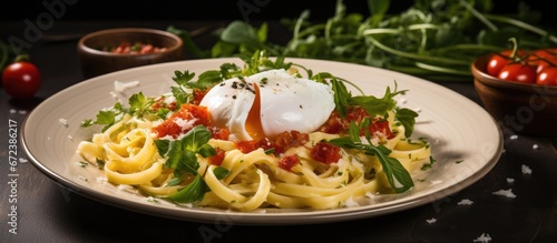 A nourishing morning meal consisting of eggs that are cooked gently and served alongside pasta