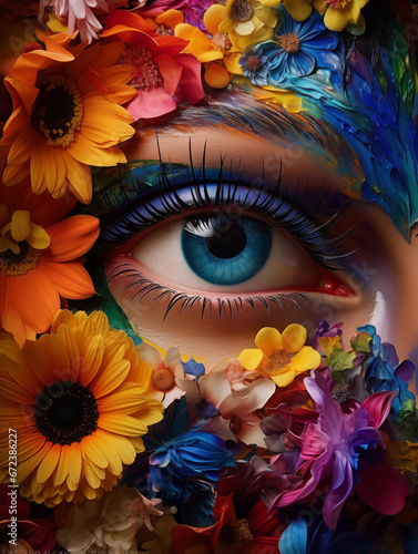 an eye with flowers and butterflies, in the style of colorful portraits