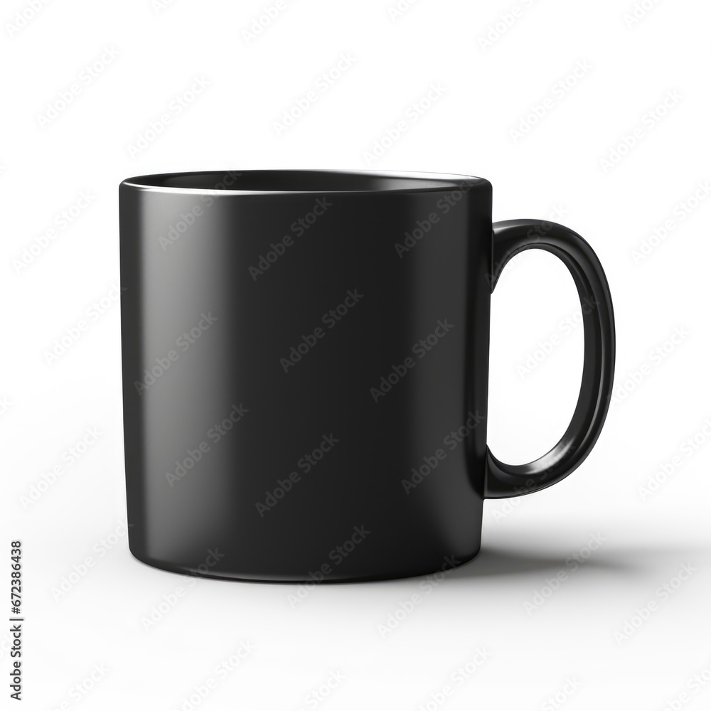 A black coffee mug on a white surface, mug mockup, copy-space. A black coffee mug on a white surface, mug mockup, copy-space.