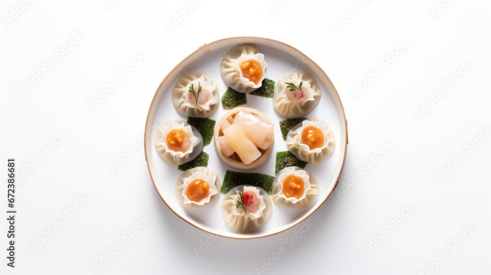 A white plate topped with dumplings and vegetables, tasty dim sum. A white plate topped with dumplings and vegetables, tasty dim sum.
