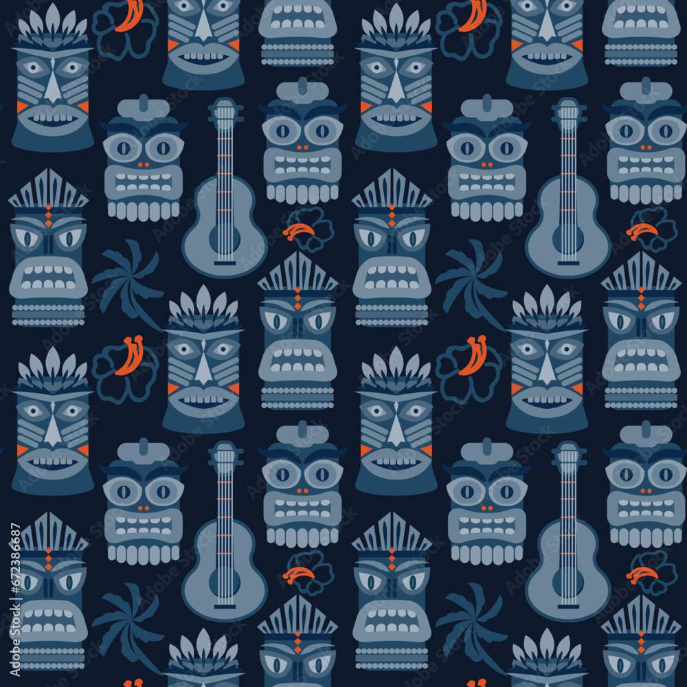 Hawaiian tribal Tiki elements, ukulele and hibiscus fabric abstract vintage vector seamless pattern in deep dark blue colors