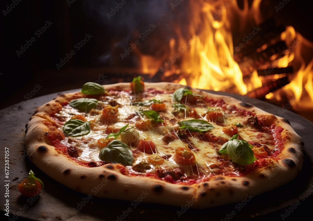 Oven baked traditional classic italian pizza with cheese and tomato and flame background from stone oven.Macro.AI Generative