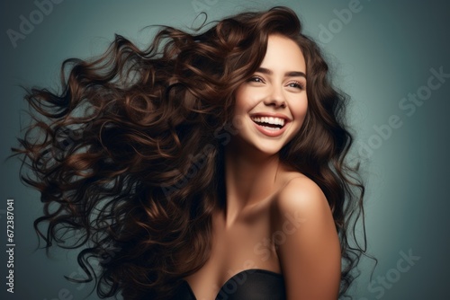 Beautiful laughing brunette model girl with long curly hair on a green background