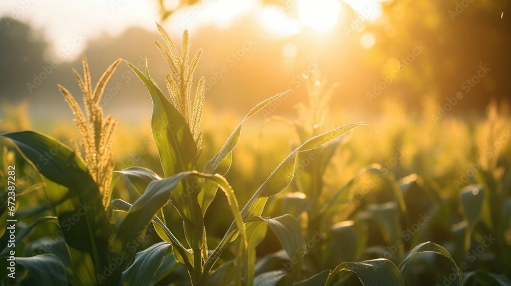 Sunrise over a cornfield at dawn in Illinois in July, dew still on the leaves, sun beams causing camera flare, serene