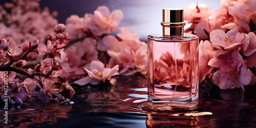 Pink flowers fragrance perfume bottle standing on wavy water.Macro.AI Generative.
