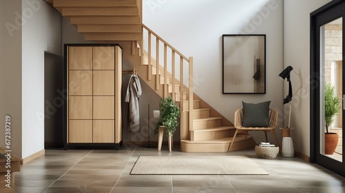 Scandinavian interior design of modern entrance hall with grid door  staircase and rustic wooden accent pieces.