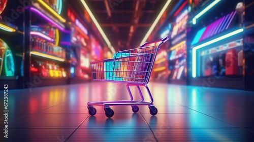 Shopping cart with neon colorful can be viewed in modern stores with copy space 