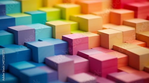 Spectrum of stacked multi-colored wooden blocks. Background or cover for something creative, diverse, expanding, rising or growing. Shallow depth of field. 