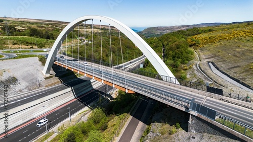 Aerial view of a modern bridge over the Vally South wales