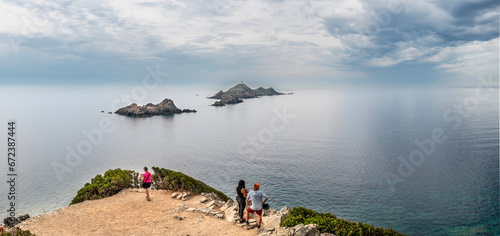 Rocky Coastline. Sanguinaire islands and Parata Tower in Corsica. Near Ajaccio in the Mediterranean Sea, Torra Ghjinuvesa di a Parata, Corsica, France © hajdar
