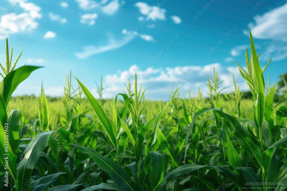 Fototapeta premium Landscape view of Corn field with blue sky background.