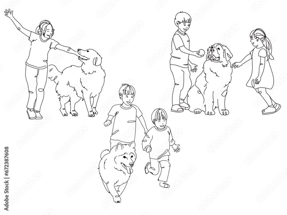 kids and dogs line drawings, set