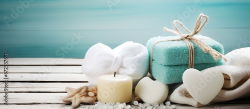Copy space is available for bath spa accessories including heart shaped bath bombs sea salt towels and handmade soap These items contribute to beauty and body treatment promoting healthy re