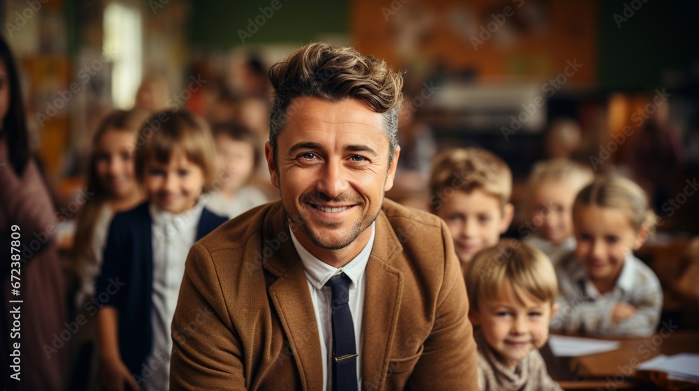 Portrait of a male teacher in a school auditorium looking into the camera, with students in the background. Portrait of a male teacher in a school auditorium looking into the camera, with students in the background.