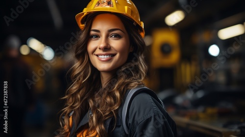 Portrait of a smiling female engineer in uniform and safety helmet at her workplace.