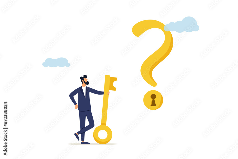 Smart businessman holding a golden key to unlock the keyhole on a question mark. The key is to unlock the answer to a problem and questions, a solution or reason to solve a problem, wisdom or understa - obrazy, fototapety, plakaty 