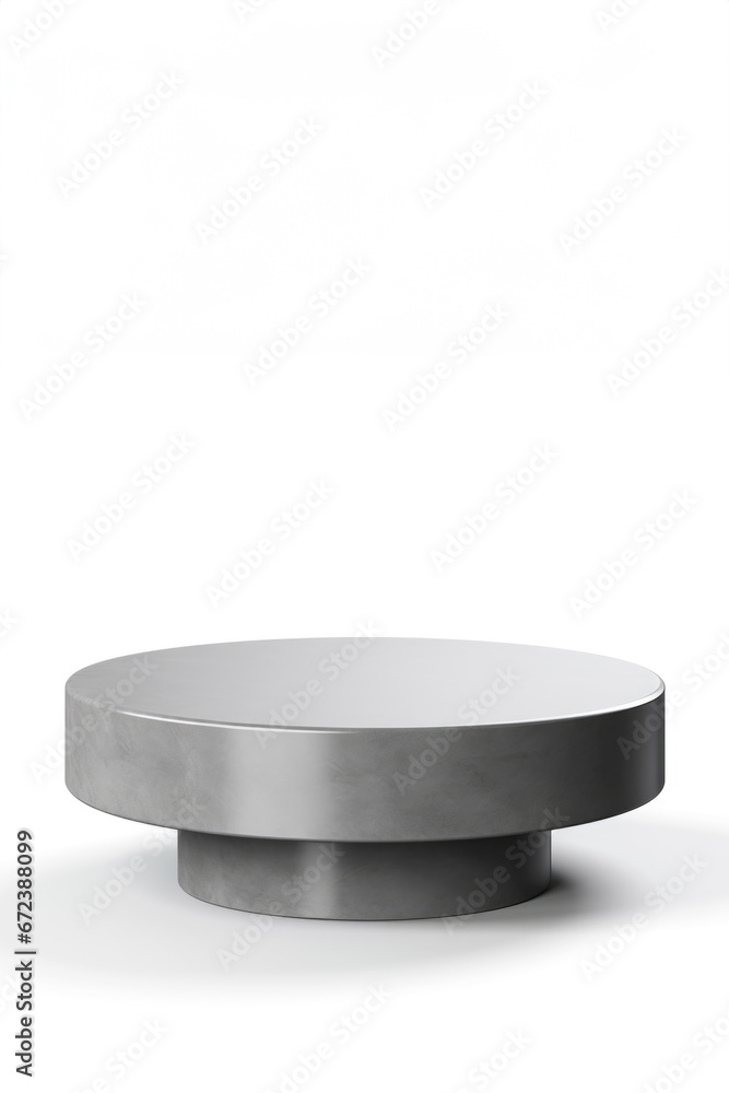 A round table with a metal base on a white background, empty podium mockup for beauty product A round table with a metal base on a white background, empty podium mockup for beauty product
