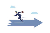Businessman running in the wrong direction, opposite to the trend arrow. Misdirection leads to error, management's decision to be different or opposite, misleading or false, to get lost in the concept