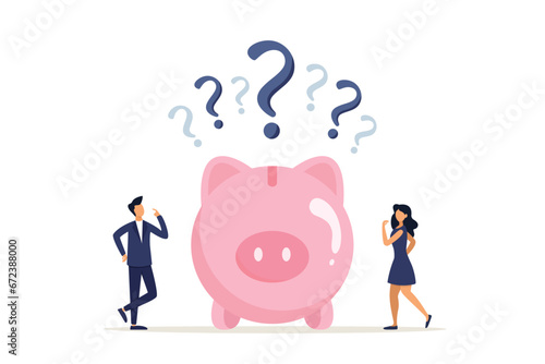 Wealth concept, confused man and woman with piggy bank and question marks. Financial question or savings problem, doubt or confusion, banking or economic uncertainty. Vector illustration