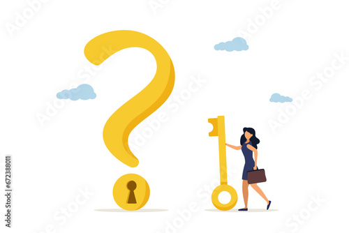 Smart businesswoman holding a golden key to open the keyhole on a question mark. The key is to find the answer to the problem and questions, the solution or reason to solve the problem, wisdom or unde