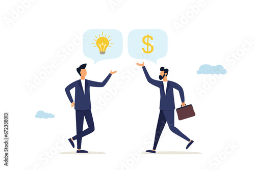 Pitching a project for funding or venture investment, venture capital, selling an idea for money or angel investment for a startup project concept, young entrepreneur presenting an idea to raise a ven