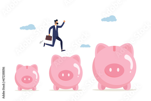 Business man jumping from small piggy bank to bigger profit to achieve financial goal. Increased investment and savings, increased salary or profit, earning more money and accumulating more wealth.