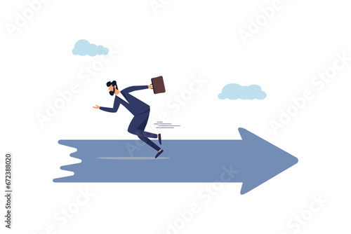 Businessman running in the wrong direction, opposite to the trend arrow. Misdirection leads to error, management's decision to be different or opposite, misleading or false, to get lost in the concept