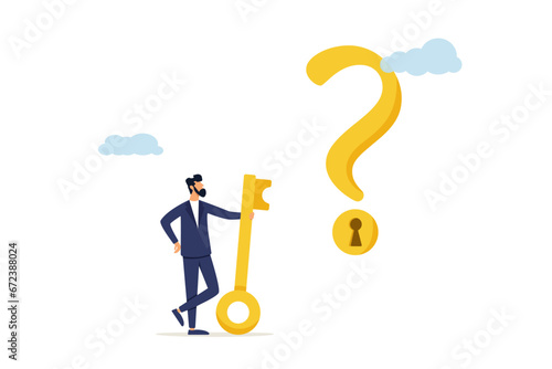 Smart businessman holding a golden key to unlock the keyhole on a question mark. The key is to unlock the answer to a problem and questions, a solution or reason to solve a problem, wisdom or understa