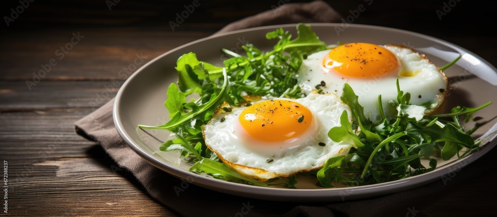 A plate holds two eggs cooked sunny side up accompanied by a salad A plate holds two eggs cooked sunny side up accompanied by a salad