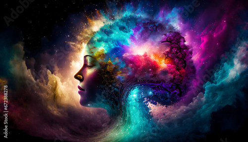 Galaxy woman head thoughts in a multicolor cloudy mind.