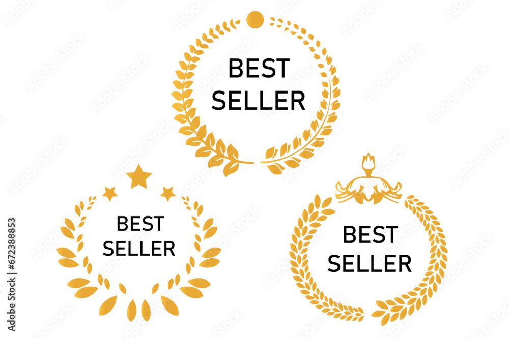 Sticker best seller set isolated premium quality in gold color perfect for mark best seller product. Best seller badge collection. Set of best seller emblem with laurel wreath, crown and star icon. Sticker best seller set isolated premium quality in gold color perfect for mark best seller product. Best seller badge collection. Set of best seller emblem with laurel wreath, crown and star icon.