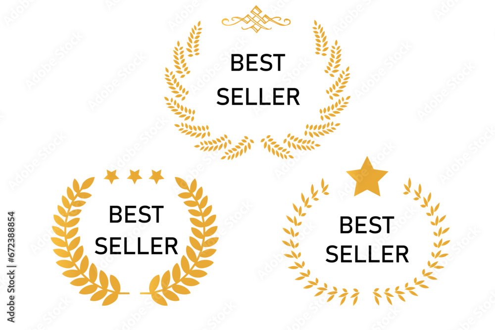 Sticker best seller set isolated premium quality in gold color perfect for mark best seller product. Best seller badge collection. Set of best seller emblem with laurel wreath, crown and star icon. Sticker best seller set isolated premium quality in gold color perfect for mark best seller product. Best seller badge collection. Set of best seller emblem with laurel wreath, crown and star icon.
